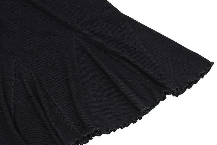 Women's Off-Shoulder Dress - Ribbed Texture - Long Sleeve - Flared Skirt - Ruffled Hem