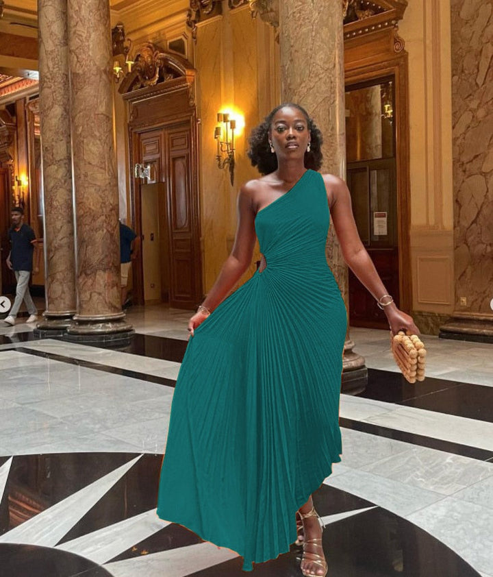 Women's Evening Gown - One-Shoulder - Pleated Draped Design - Floor-Length Elegant Fit