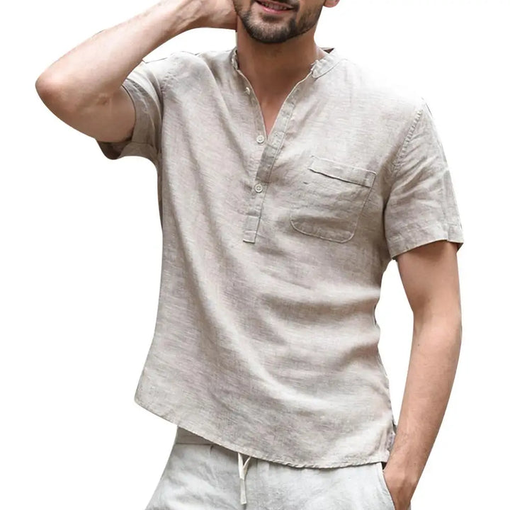 Men’s T-Shirt – Relaxed Fit – Natural Fibers – Short Sleeve – Button Placket – Chest Pocket