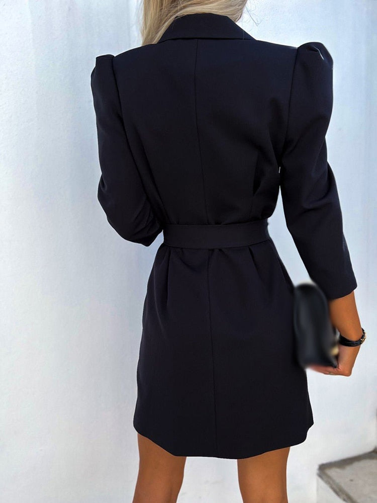 Women’s Blazer Dress – Tailored Fit – Double-Breasted – Belted Waist – Puffed Shoulders