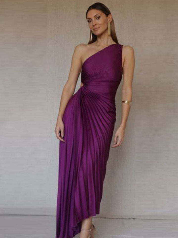 Women's Evening Gown - One-Shoulder - Pleated Draped Design - Floor-Length Elegant Fit