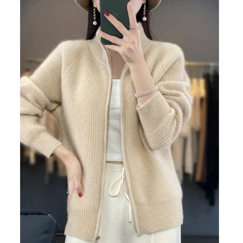 Women’s Cardigan – Relaxed Fit – Zip Front – Hip Length Casual Layer