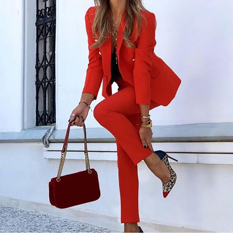 Women’s Blazer and Trousers Set - Tailored Fit - High Waist Slim Leg - Double-Breasted