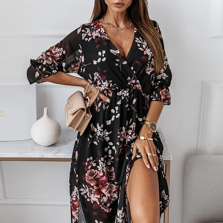 Women's Long Dress - V-Neck - Cinched Waist - Long Sleeve High-Slit Elegant Wear