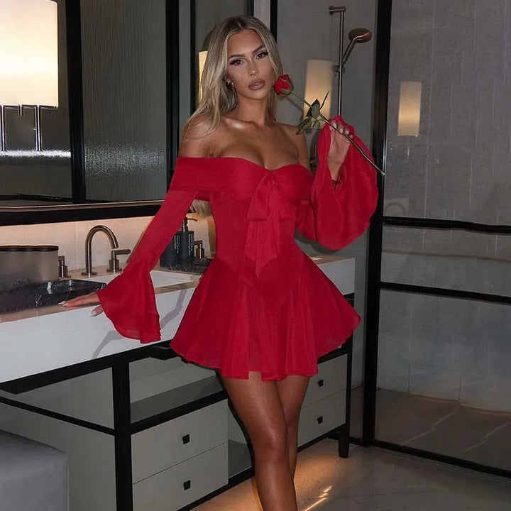 Women's Off-Shoulder Mini Dress - Sweetheart Neckline - Bow Detail - Long Bell Sleeves