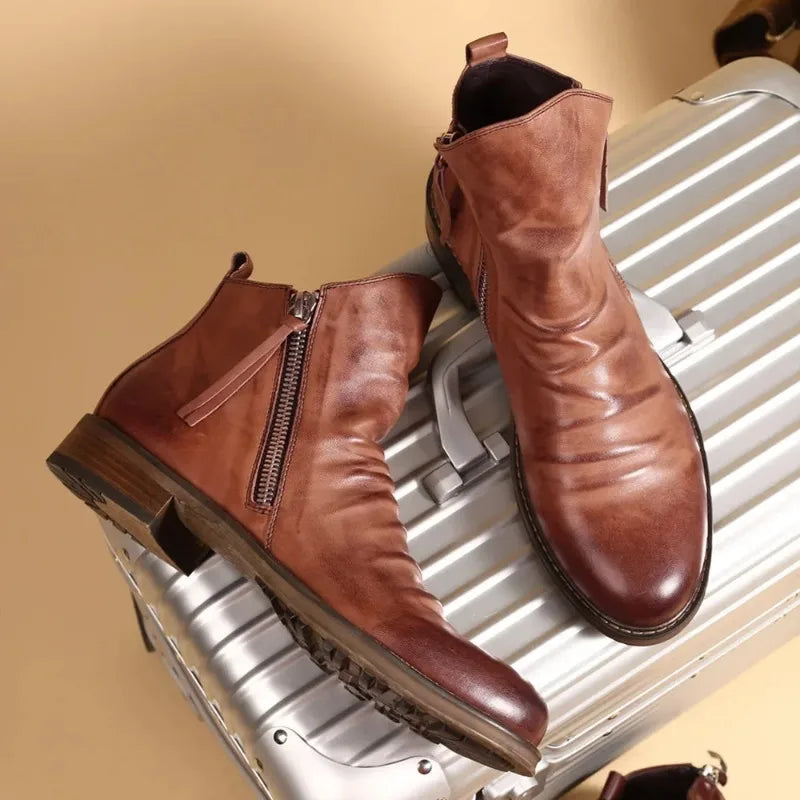 Men’s Ankle Boots – Leather-Look Finish – Side Zipper – Sleek Fit – Low Heel