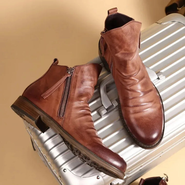 Men’s Ankle Boots – Leather-Look Finish – Side Zipper – Sleek Fit – Low Heel