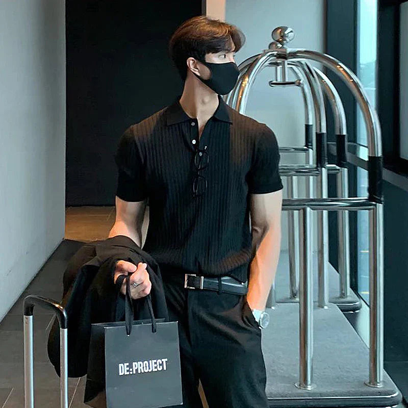 Men’s Polo Shirt - Slim Fit - Ribbed Soft Knit - Short Sleeve Smart Casual Style