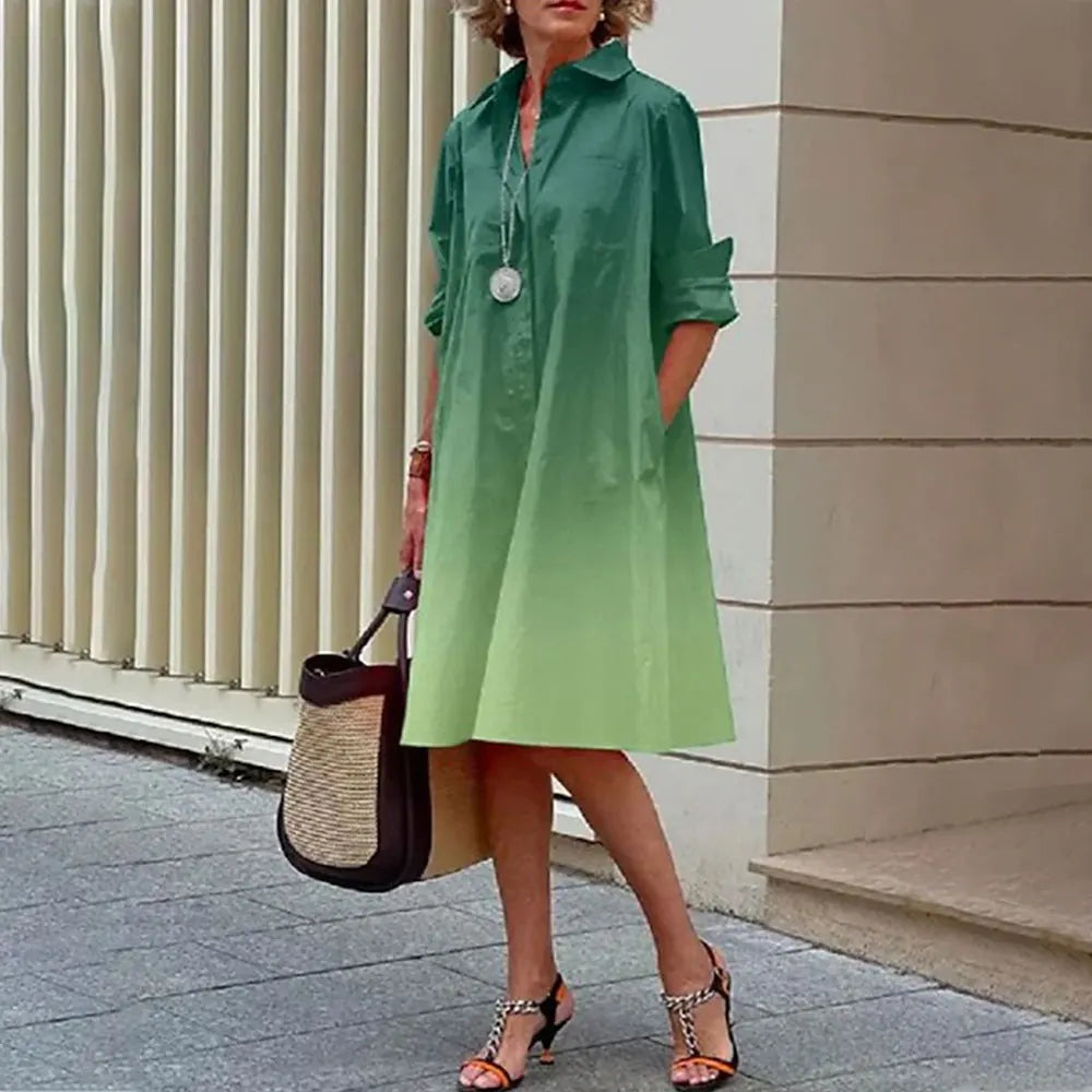 Women's A-Line Shirt Dress - Button Down - Long Sleeve - Classic Collar - Knee Length