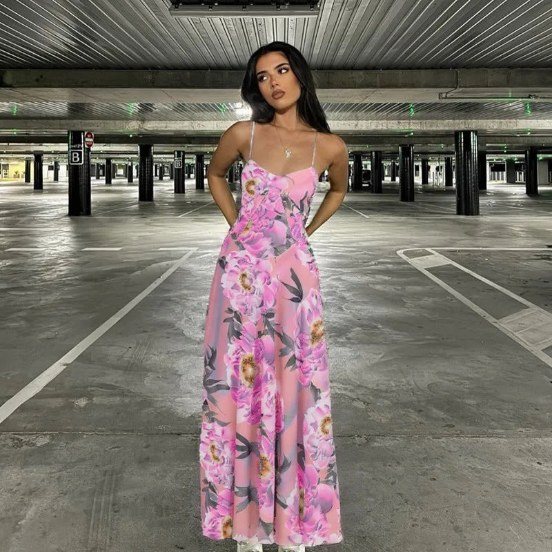 Women's Maxi Dress - Floral Print - Spaghetti Strap - Elegant Flowing Fit