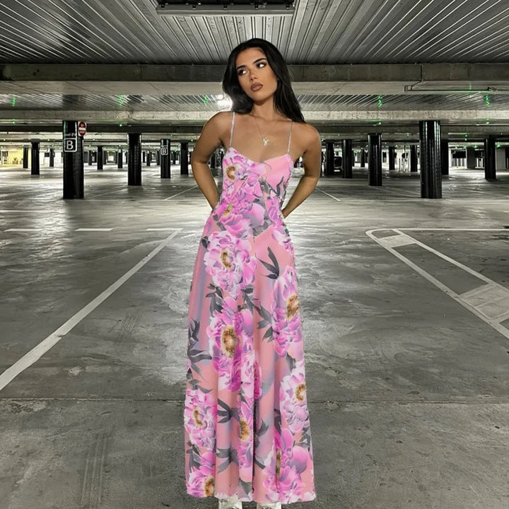 Women's Maxi Dress - Floral Print - Spaghetti Strap - Elegant Flowing Fit