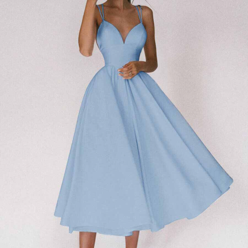 Women's Evening Gown - Sweetheart Neckline - Spaghetti Straps - A-Line Midi Dress