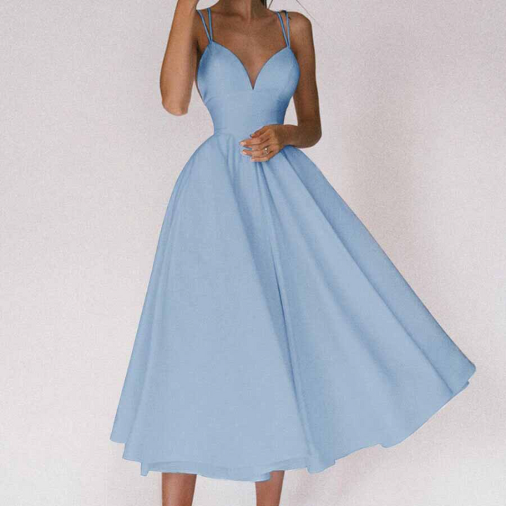 Women's Evening Gown - Sweetheart Neckline - Spaghetti Straps - A-Line Midi Dress