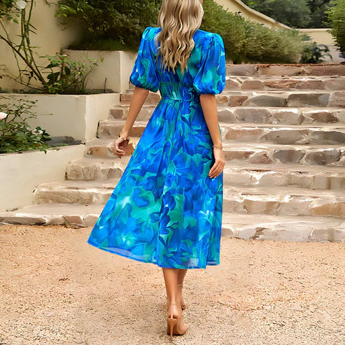 Women's Midi Dress - V-Neck - Puff Sleeve - Fitted Waist - Floral Pattern