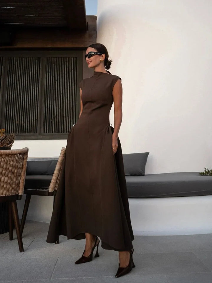 Women's Evening Gown - High Neckline - Cap Sleeves - Floor-Length Elegant Dress