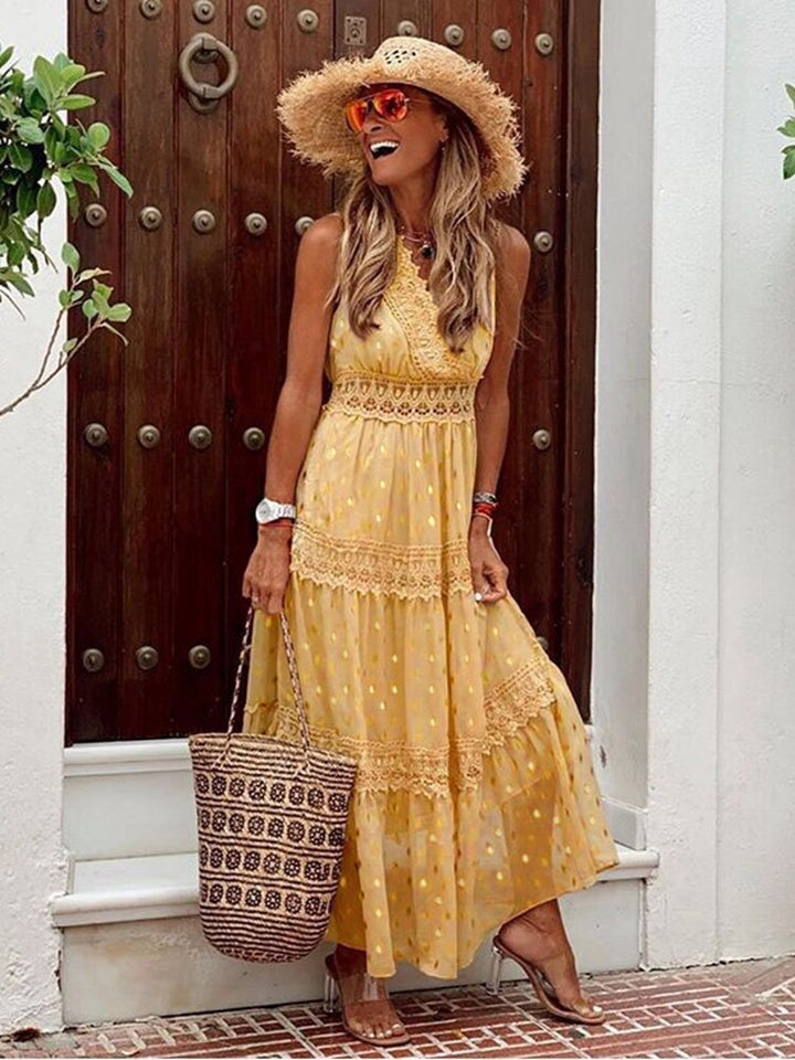 Women's Maxi Dress - Sleeveless Tiered Design - Lace Detailing - Flowy Boho Style