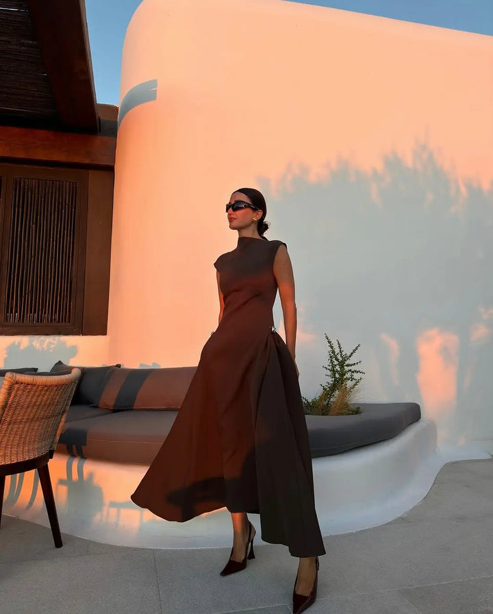 Women's Evening Gown - High Neckline - Cap Sleeves - Floor-Length Elegant Dress