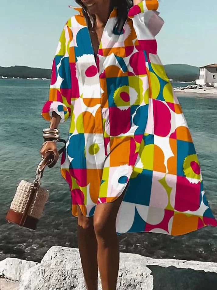 Women's Geometric Dress - Loose Fit - V-Neck - Long Sleeve Flowy Casual Wear
