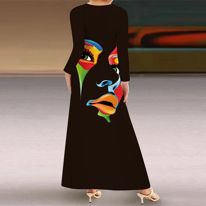 Women's Maxi Dress - Relaxed Fit - V-Neck - Long Sleeve - Abstract Face Print