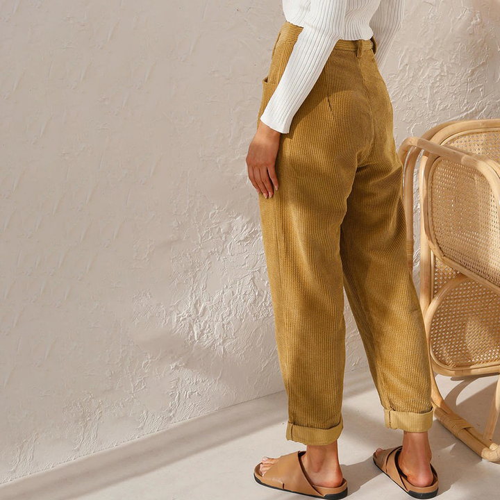 Women’s Corduroy Pants - High Waist - Pleated Front - Relaxed Fit - Ribbed Texture