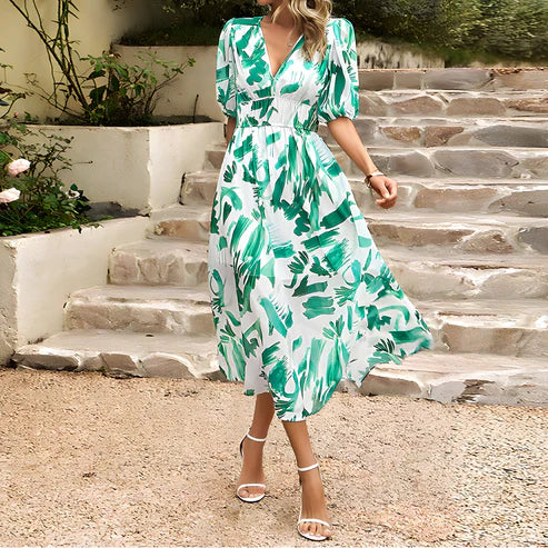 Women's Midi Dress - V-Neck - Puff Sleeve - Fitted Waist - Floral Pattern