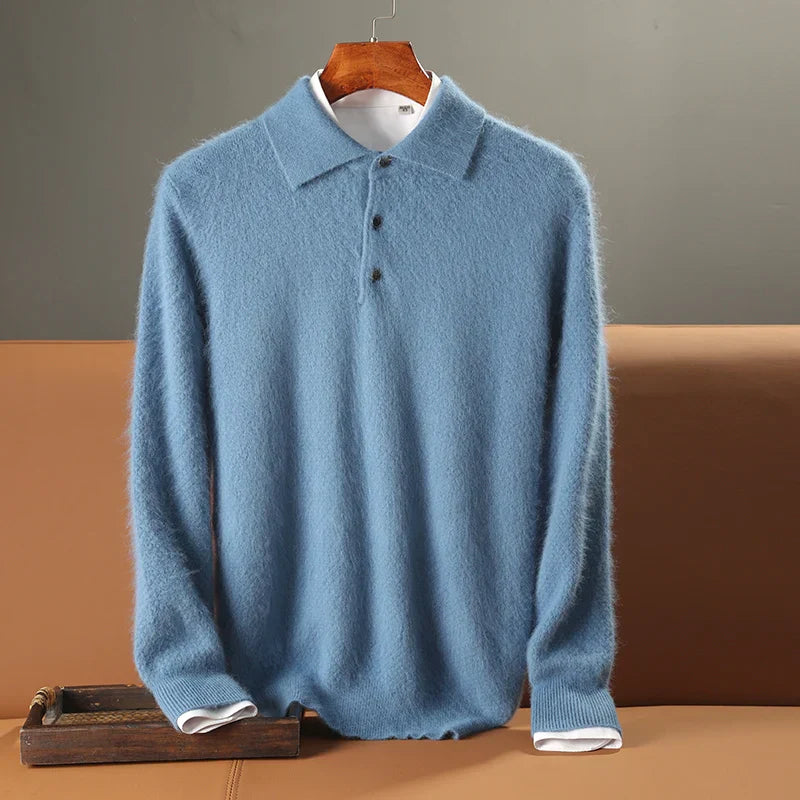 Men’s Polo Sweater - 100% Wool - Relaxed Fit - Long Sleeve - Ribbed Hem & Cuffs