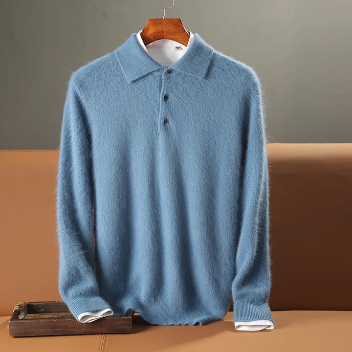 Men’s Polo Sweater - 100% Wool - Relaxed Fit - Long Sleeve - Ribbed Hem & Cuffs