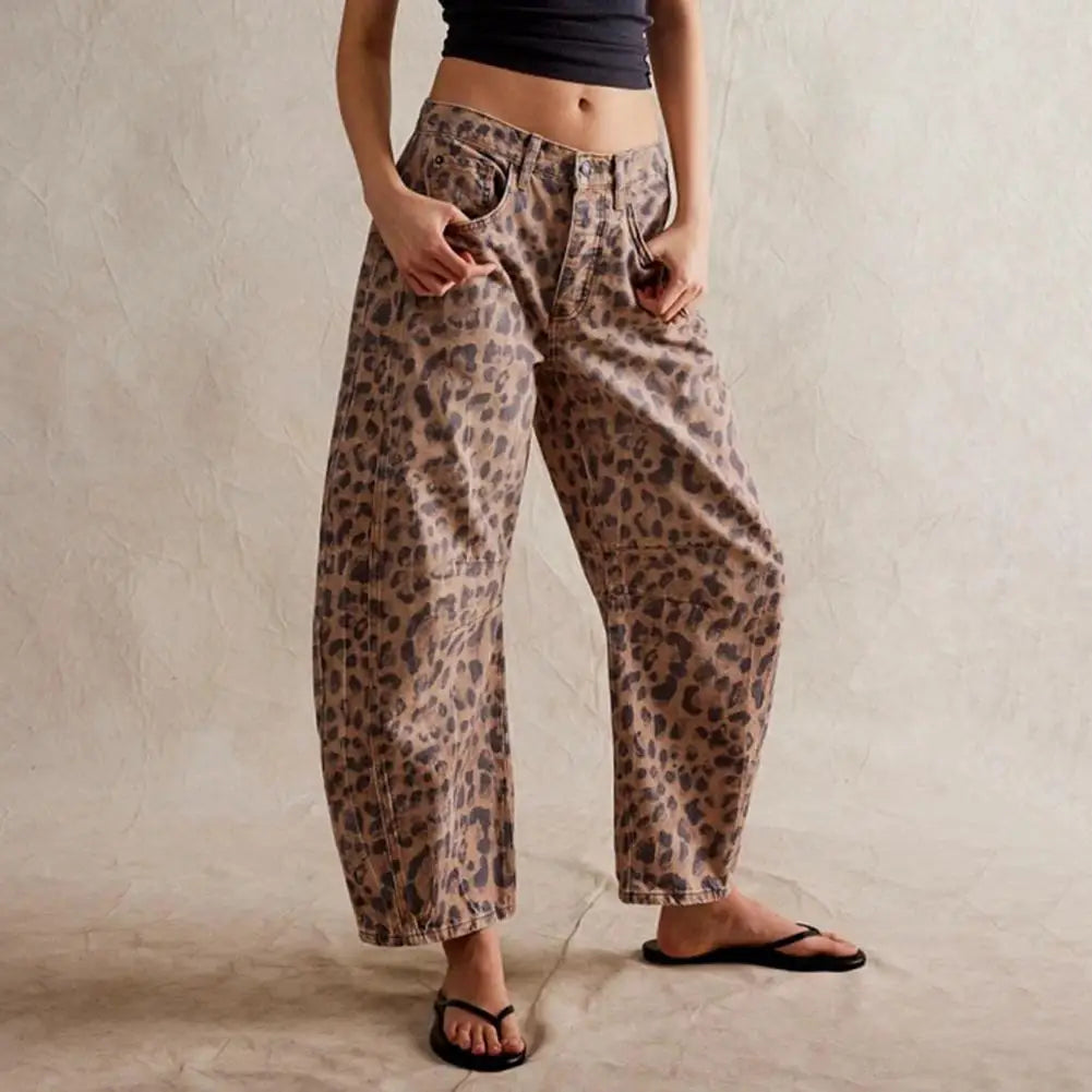 Women’s Jeans - Relaxed Fit - Barrel Leg - Full Length - Animal Print Casual Denim