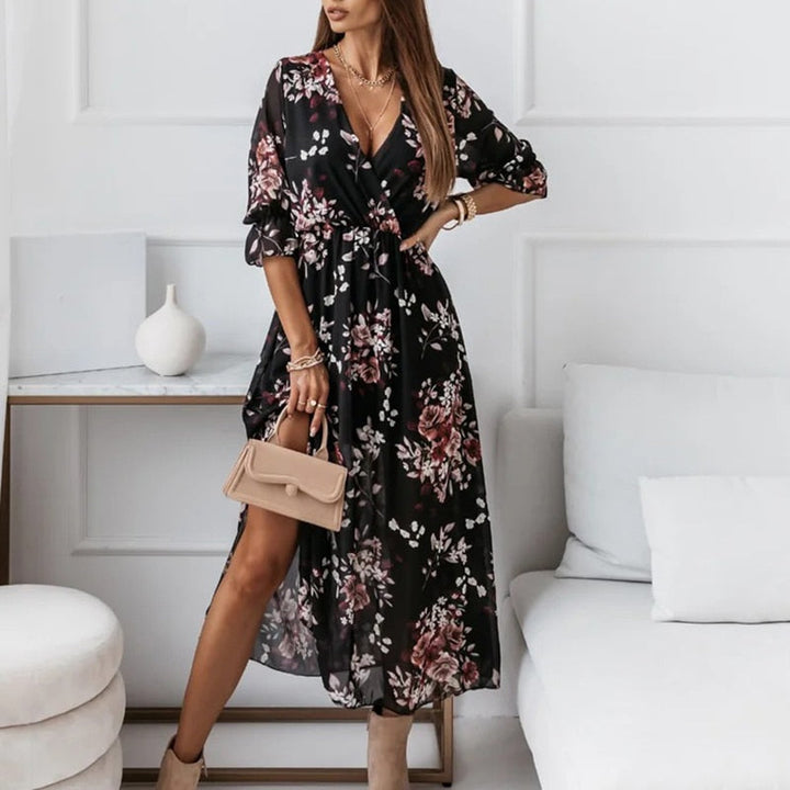 Women's Long Dress - V-Neck - Cinched Waist - Long Sleeve High-Slit Elegant Wear