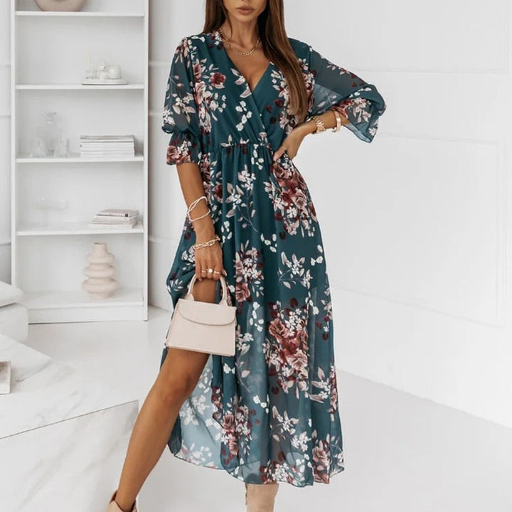 Women's Long Dress - V-Neck - Cinched Waist - Long Sleeve High-Slit Elegant Wear
