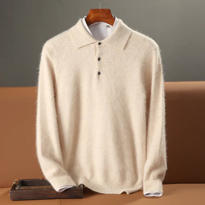 Men’s Polo Sweater - 100% Wool - Relaxed Fit - Long Sleeve - Ribbed Hem & Cuffs