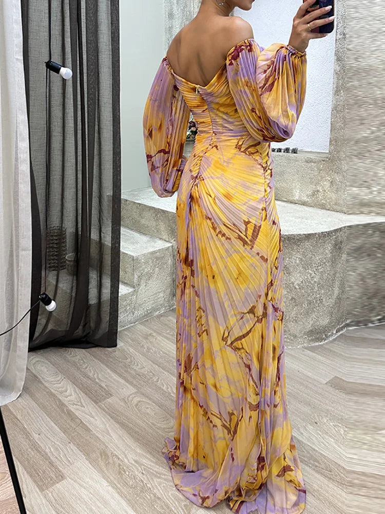 Women’s Evening Dress – Off Shoulder – V-Neck – Ruched Bodice – Full Length – Flowing Silhouette