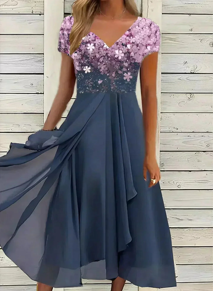 Women's Elegant Dress - V-Neck Floral Bodice - Short Sleeve A-Line Flowing Fit