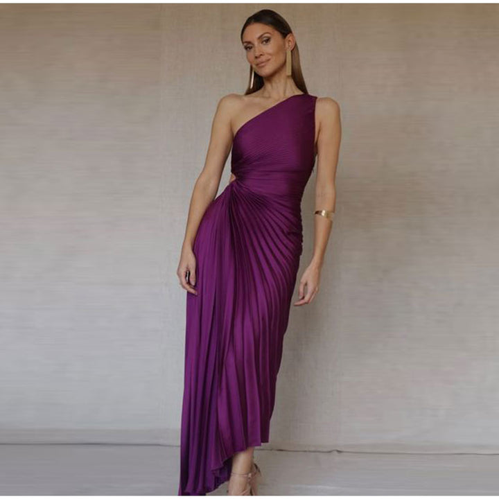 Women's Evening Gown - One-Shoulder - Pleated Draped Design - Floor-Length Elegant Fit
