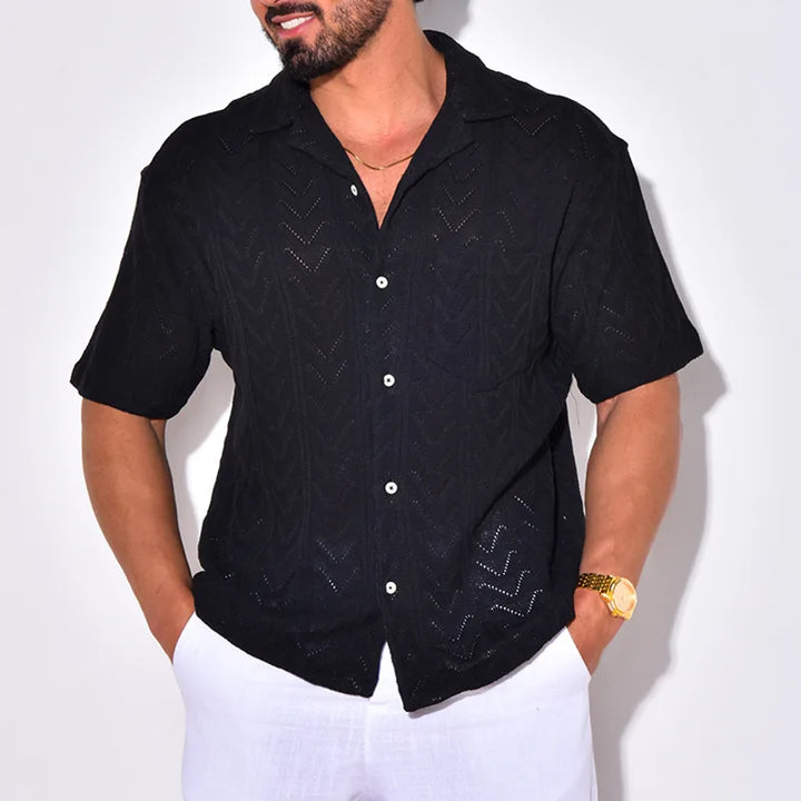 Men’s Knit Shirt – Jacquard Chevron Texture – Relaxed Fit – Short Sleeve Casual Collar