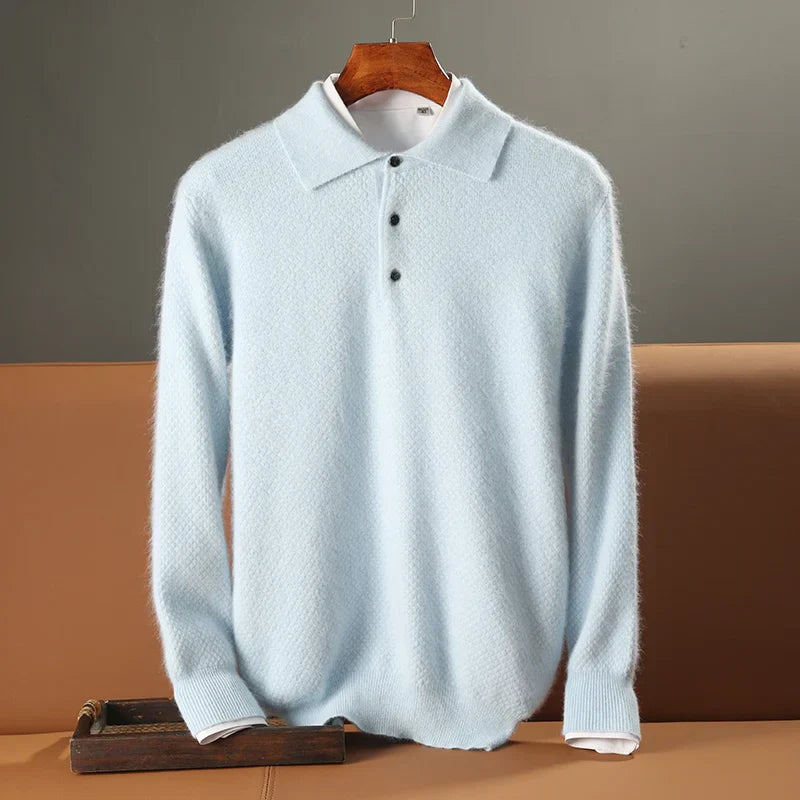 Men’s Polo Sweater - 100% Wool - Relaxed Fit - Long Sleeve - Ribbed Hem & Cuffs