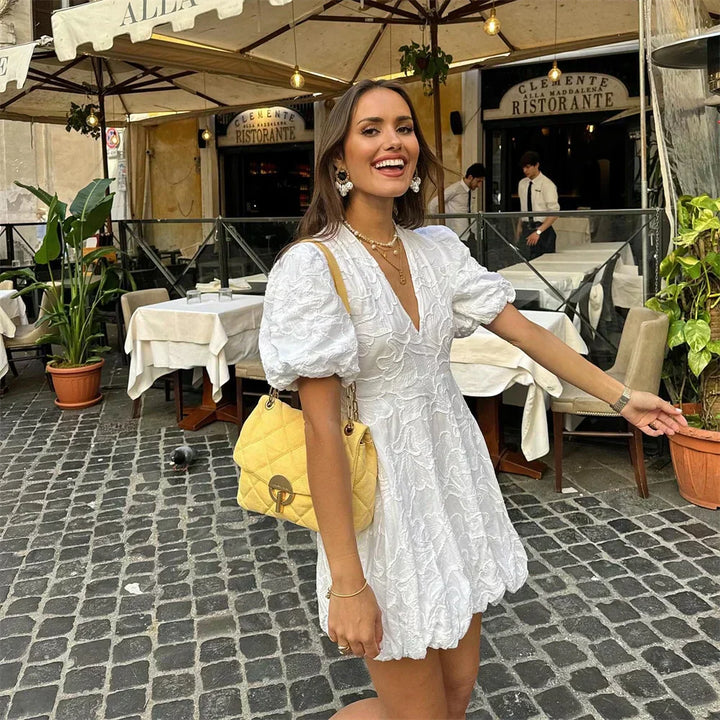 Women's Mini Dress - V-Neck - Puff Sleeves - Embroidered Fit-and-Flare Elegant Style