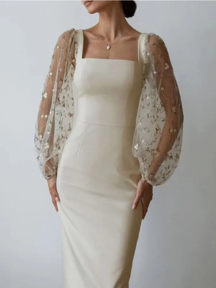 Women’s Midi Dress – Slim Fit – Sheer Embroidered Sleeves – Square Neck – Elegant Silhouette