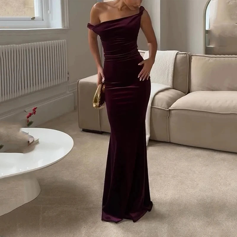Women's Formal Gown - Velvet - Off-Shoulder - Floor-Length Elegant Evening Dress