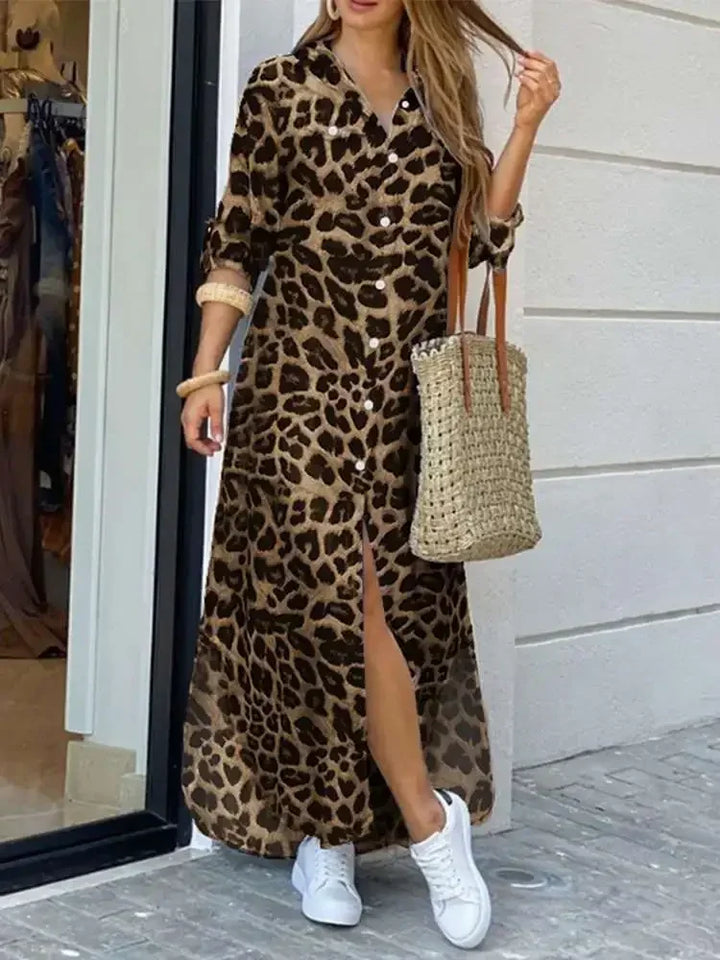 Women's Long Button-Down Dress - Leopard Print - Collared - Flowing Fit - Front Slit