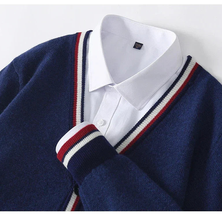 Men’s Cardigan – Knit Wool Blend – Relaxed Fit – V-Neck Button-Up – Ribbed Trim