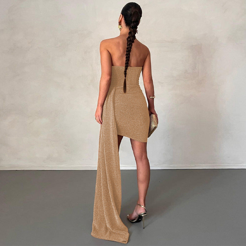 Women's Evening Dress - Strapless Asymmetrical Design - Floor-Length Side Train