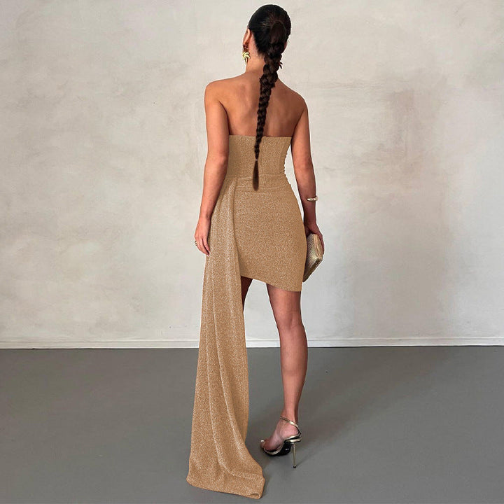 Women's Evening Dress - Strapless Asymmetrical Design - Floor-Length Side Train