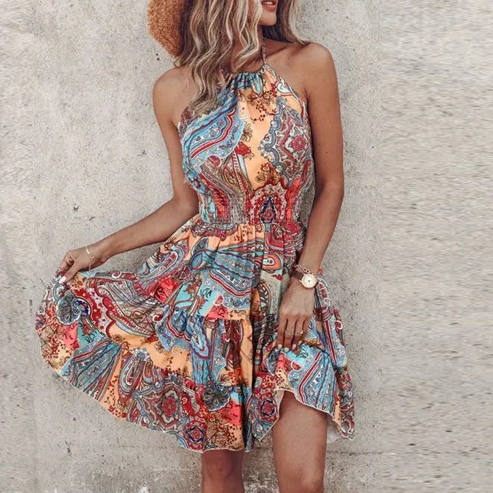 Women’s Mini Dress – Halter Neck – Smocked Waist – Relaxed Fit – Bohemian Print