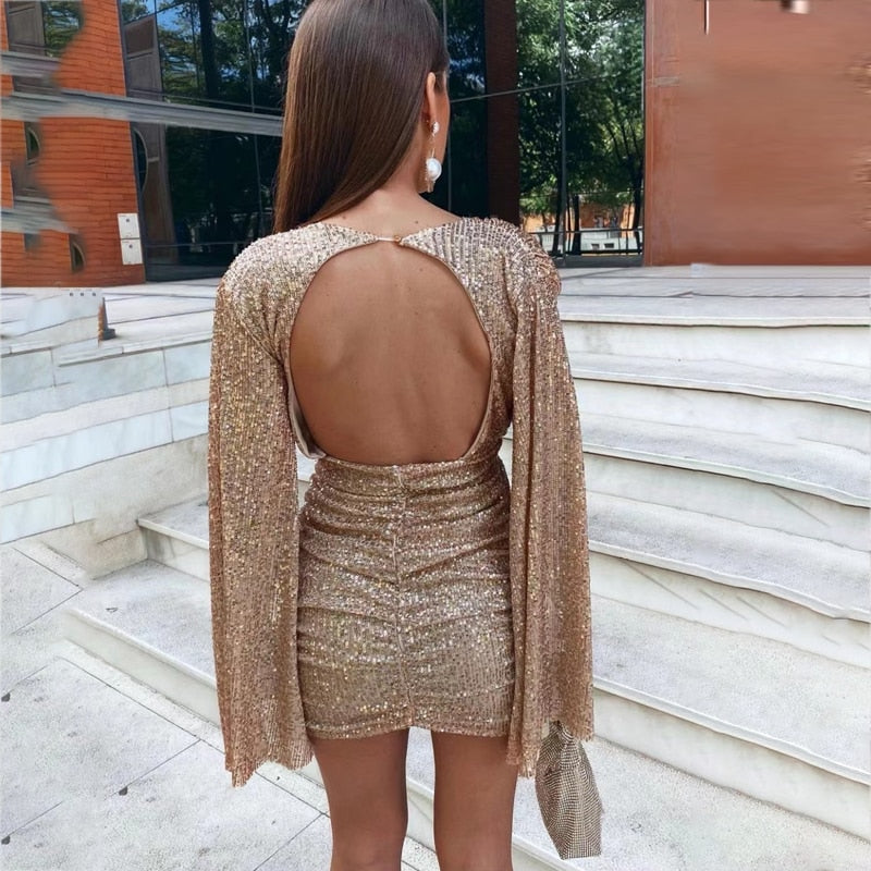 Women's Mini Dress - Sequin Embellished - Deep V-Neck - Cape Sleeve Party Wear