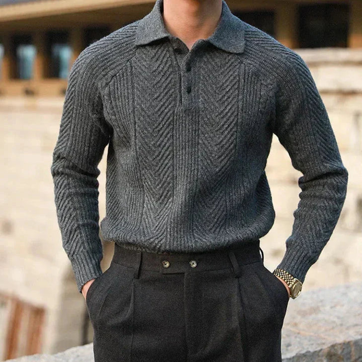 Men’s Knitted Sweater – Slim Fit – Cable Knit – Polo Collar – Long Sleeve