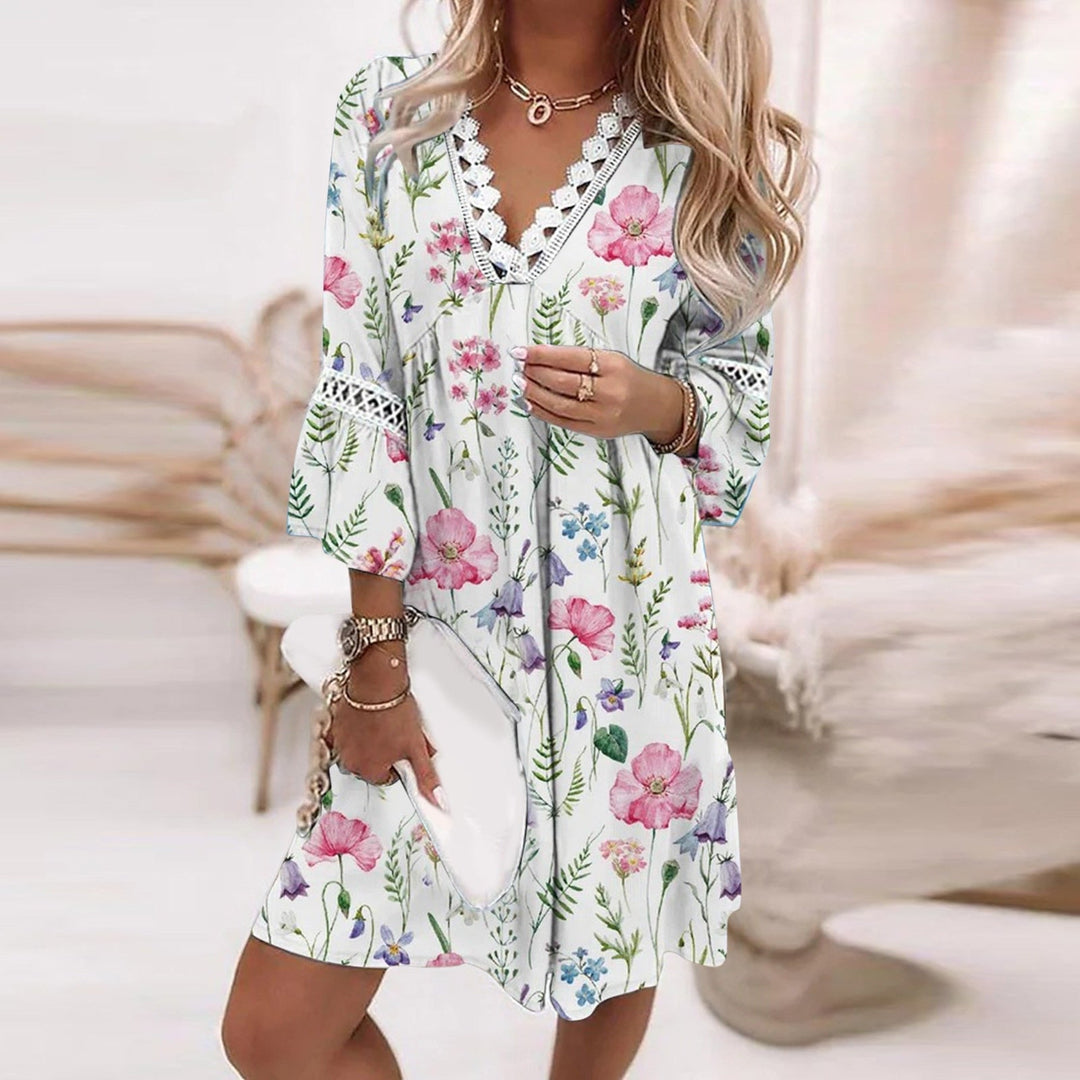 Women’s Knee-Length Dress – Relaxed Fit – V-Neck Lace Trim – Flared Sleeve – Floral Print – Breathable Blend