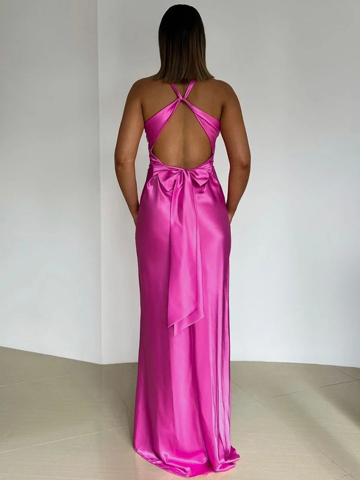 Women's Evening Gown - Satin Halter V-Neck - Twist Bust - Floor-Length Elegant Dress