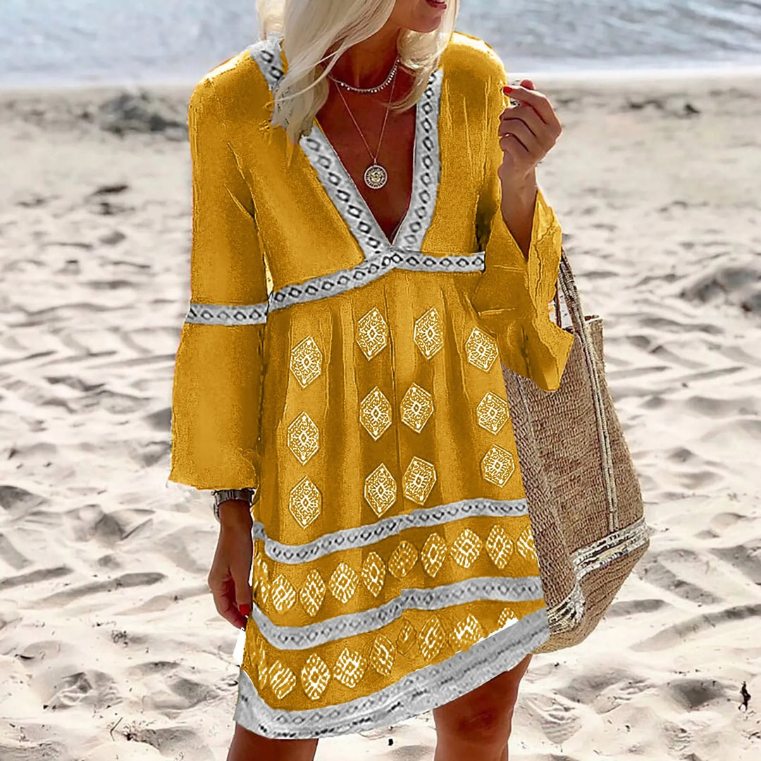 Women's Bohemian Dress - V-Neck Knee-Length - 3/4 Sleeve Loose Fit - Embroidered Casual Wear