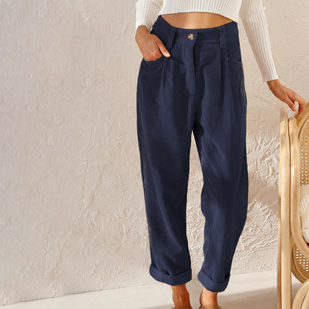 Women’s Corduroy Pants - High Waist - Pleated Front - Relaxed Fit - Ribbed Texture